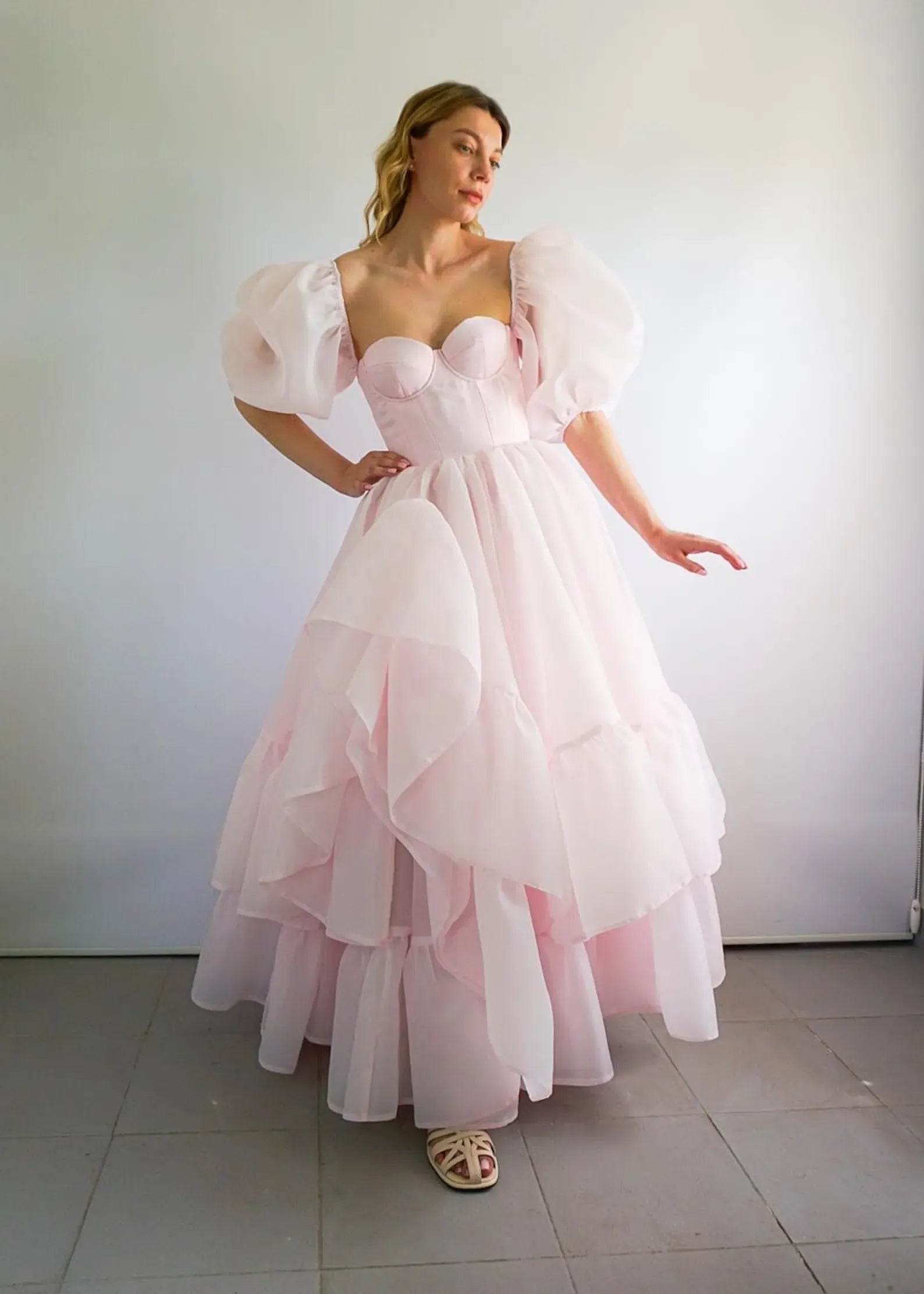 Prom Dress For Women Dreamy Pink Organza Off Shoulder A Line Puff Sleeve Tiered Floor Length