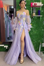 Romantic A-Line Off-the-Shoulder Floral 3D Appliques Prom Gown
