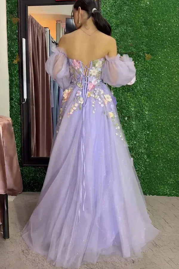 Romantic A-Line Off-the-Shoulder Floral 3D Appliques Prom Gown