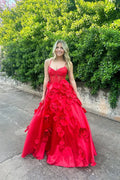 Romantic A-Line Spaghetti Strap 3D Floral Prom Gown