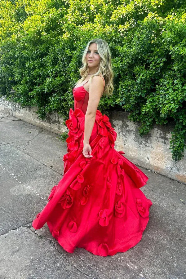 Romantic A-Line Spaghetti Strap 3D Floral Prom Gown