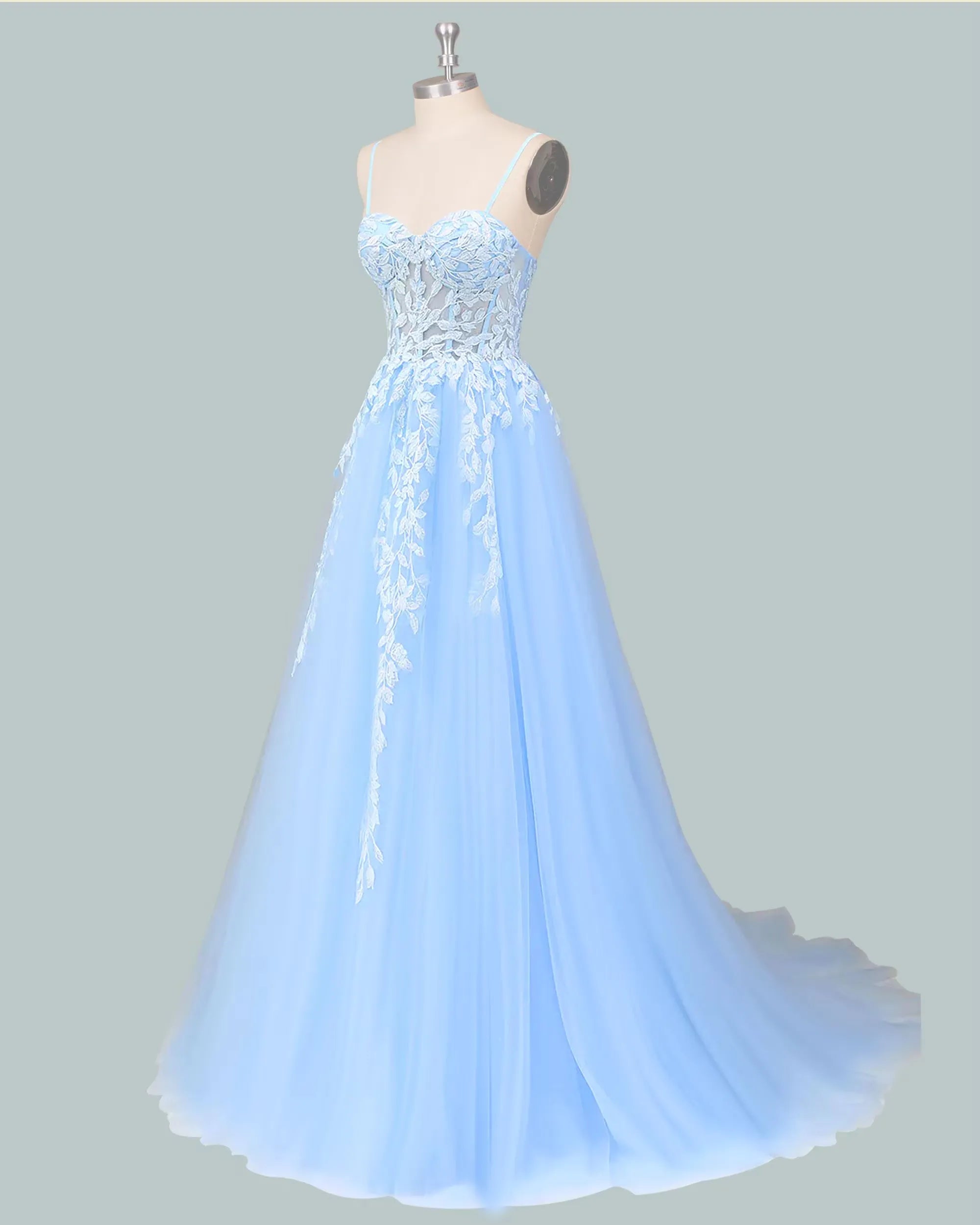 Romantic Prom Dress With Lace Applique And Illusion Back In Light Blue For Prom Night A Line Silhouette Floor Length