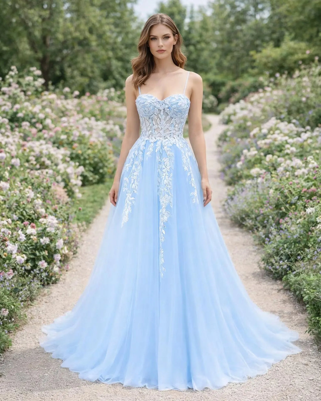 Romantic Prom Dress With Lace Applique And Illusion Back In Light Blue For Prom Night A Line Silhouette Floor Length