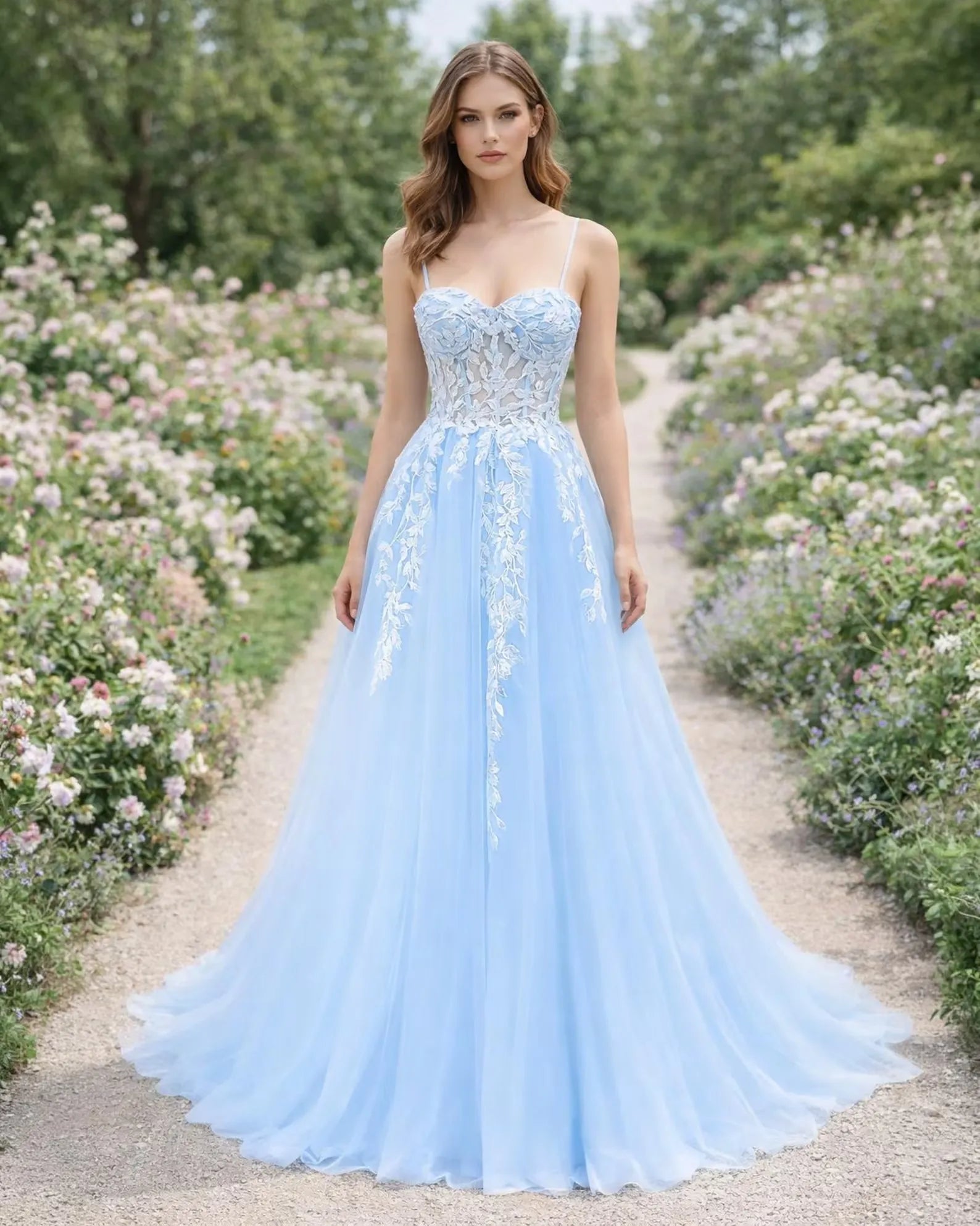Romantic Prom Dress With Lace Applique And Illusion Back In Light Blue For Prom Night A Line Silhouette Floor Length