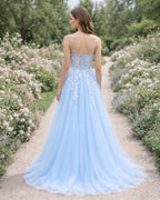 Romantic Prom Dress With Lace Applique And Illusion Back In Light Blue For Prom Night A Line Silhouette Floor Length