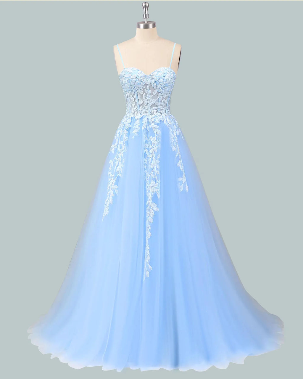 Romantic Prom Dress With Lace Applique And Illusion Back In Light Blue For Prom Night A Line Silhouette Floor Length