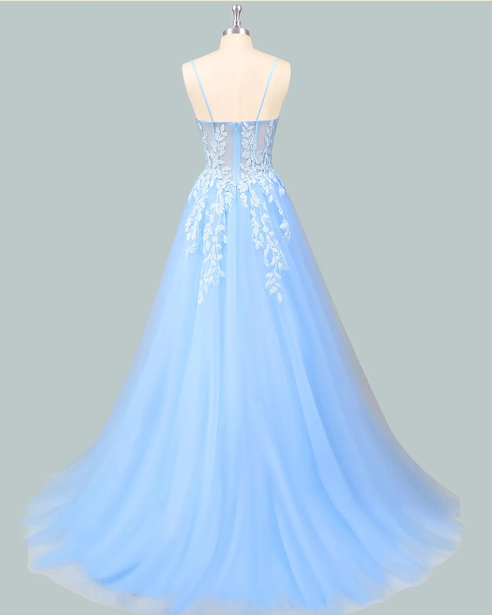 Romantic Prom Dress With Lace Applique And Illusion Back In Light Blue For Prom Night A Line Silhouette Floor Length