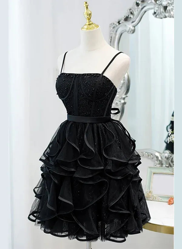 Black Romantic A-Line Spaghetti Straps Corset Ruffle Layers Mini Homecoming Dress