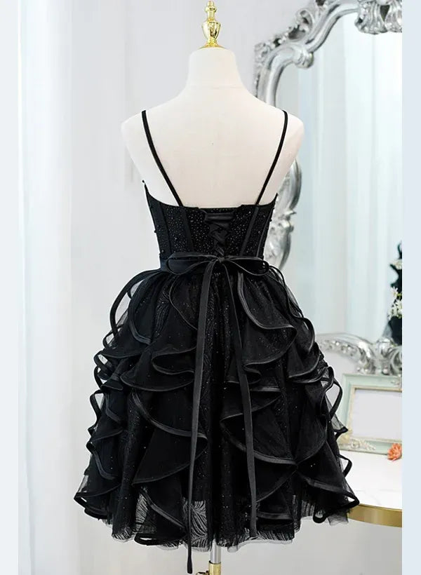 Black Romantic A-Line Spaghetti Straps Corset Ruffle Layers Mini Homecoming Dress