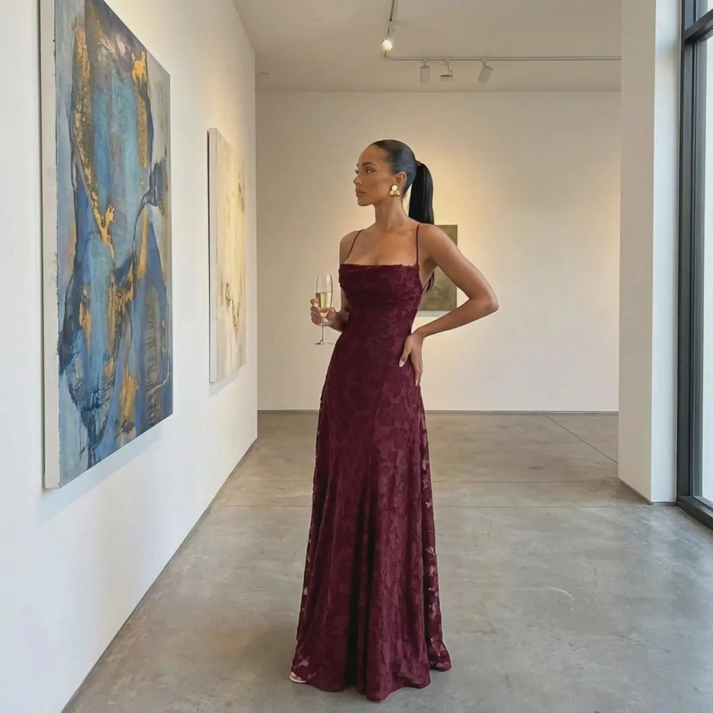 Romantic Burgundy Spaghetti Strap Floral Prom Dress With A Line Silhouette For Women On Prom Nights