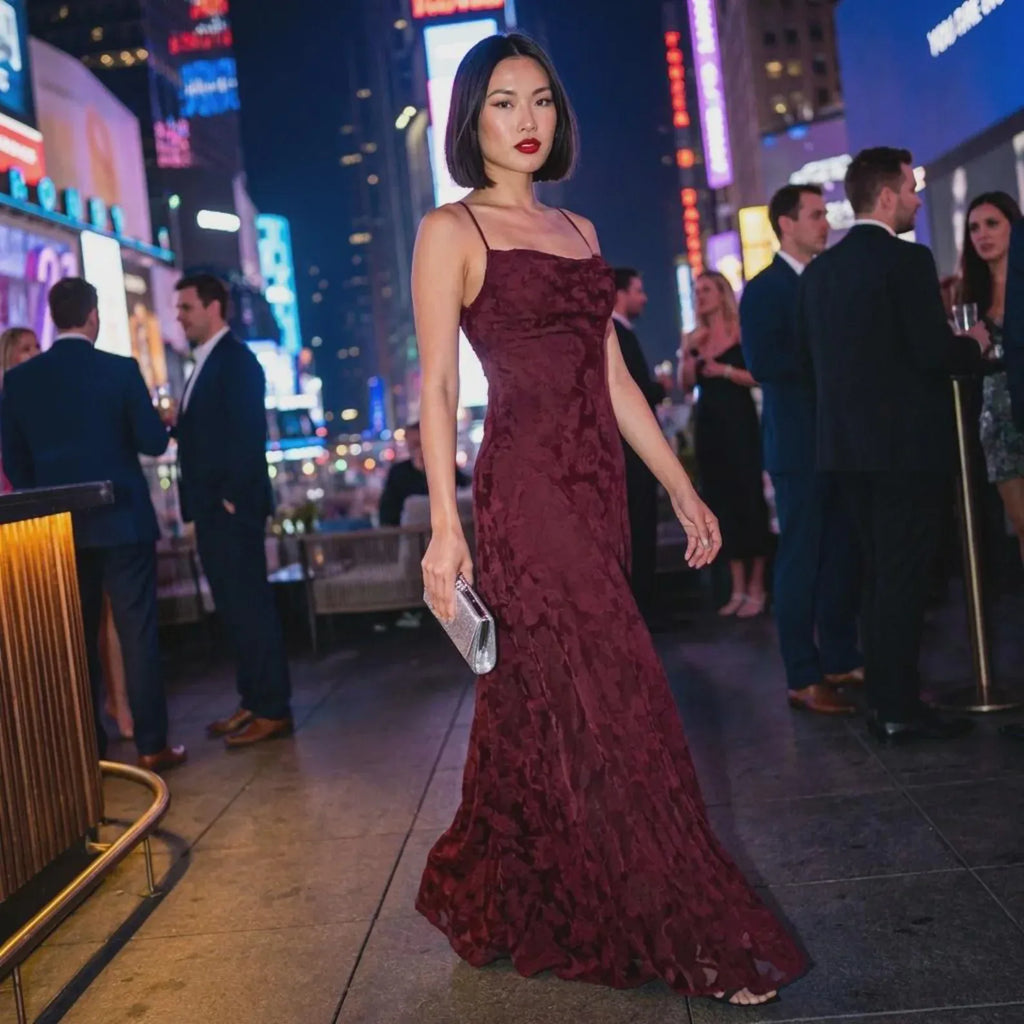 Romantic Burgundy Spaghetti Strap Floral Prom Dress With A Line Silhouette For Women On Prom Nights