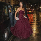 Romantic Burgundy Spaghetti Strap Floral Prom Dress With A Line Silhouette For Women On Prom Nights