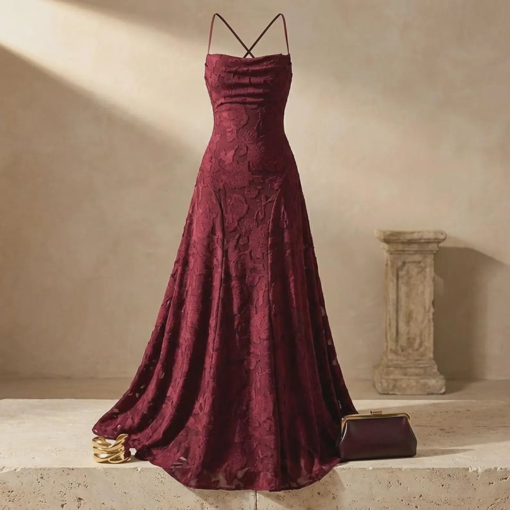 Romantic Burgundy Spaghetti Strap Floral Prom Dress With A Line Silhouette For Women On Prom Nights