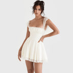 Ivory Romantic A-Line Square Neck Cap Sleeve Corset Mini Homecoming Dress