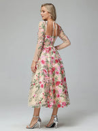 Romantic A-Line Square Neck Long Sleeves Backless Tea Length Prom Dress