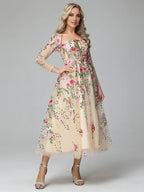Romantic A-Line Square Neck Long Sleeves Backless Tea Length Prom Dress
