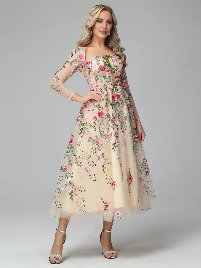 Romantic A-Line Square Neck Long Sleeves Backless Tea Length Prom Dress