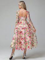 Romantic A-Line Square Neck Long Sleeves Backless Tea Length Prom Dress