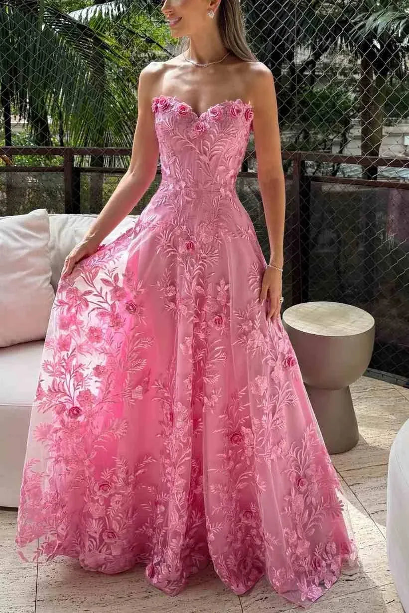Romantic Aline Strapless Lace Appliques Prom Dress With Empire Waist Train For Prom Queens