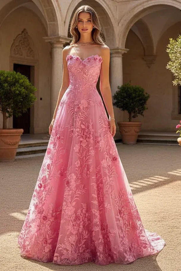 Romantic Aline Strapless Lace Appliques Prom Dress With Empire Waist Train For Prom Queens
