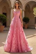 Romantic Aline Strapless Lace Appliques Prom Dress With Empire Waist Train For Prom Queens