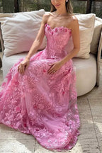 Romantic Aline Strapless Lace Appliques Prom Dress With Empire Waist Train For Prom Queens