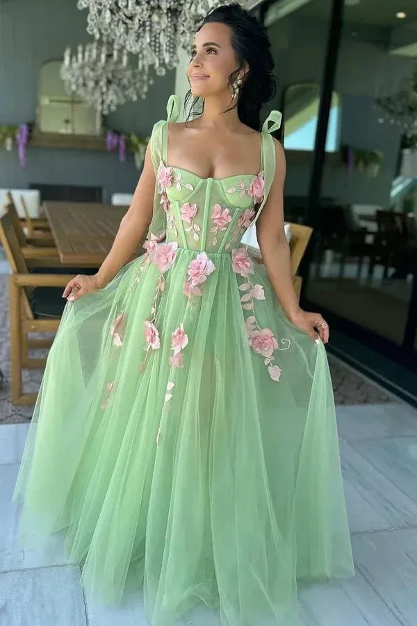 Romantic A-Line Sweetheart 3D Floral Prom Gown with Bow Straps