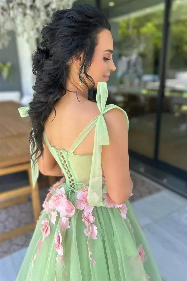 Romantic A-Line Sweetheart 3D Floral Prom Gown with Bow Straps
