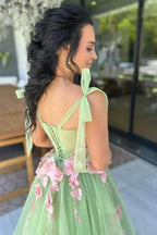 Romantic A-Line Sweetheart 3D Floral Prom Gown with Bow Straps