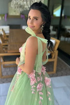 Romantic A-Line Sweetheart 3D Floral Prom Gown with Bow Straps