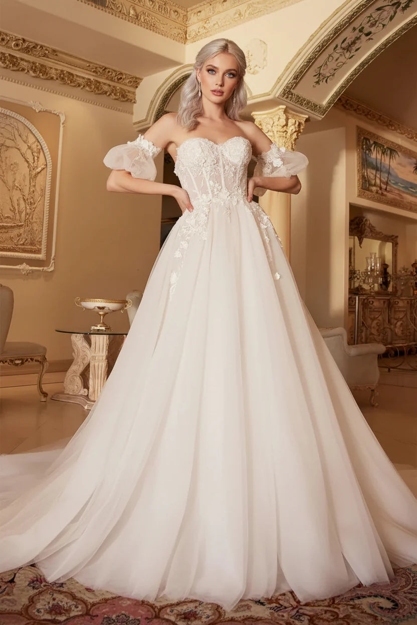 Romantic Prom Dress With Detachable Sleeves White Train A Line Sweetheart Lace Dress For Women