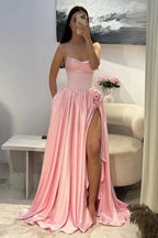 Romantic A-Line Strapless Sleeveless Beaded Baby Pink Maxi Prom Dress for Women Custom