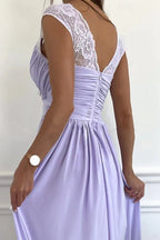 Romantic A-Line Sweetheart Neck Sleeveless Lace Lilac Maxi Prom Dress for Women Ready to Ship