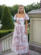 Romantic A-Line Sweetheart Puff Sleeves Zipper Back Floor-Length Prom Dress