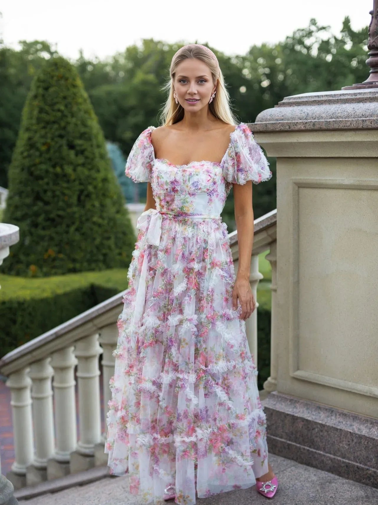 Romantic A-Line Sweetheart Puff Sleeves Zipper Back Floor-Length Prom Dress