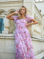 Romantic A-Line Sweetheart Puff Sleeves Zipper Back Floor-Length Prom Dress