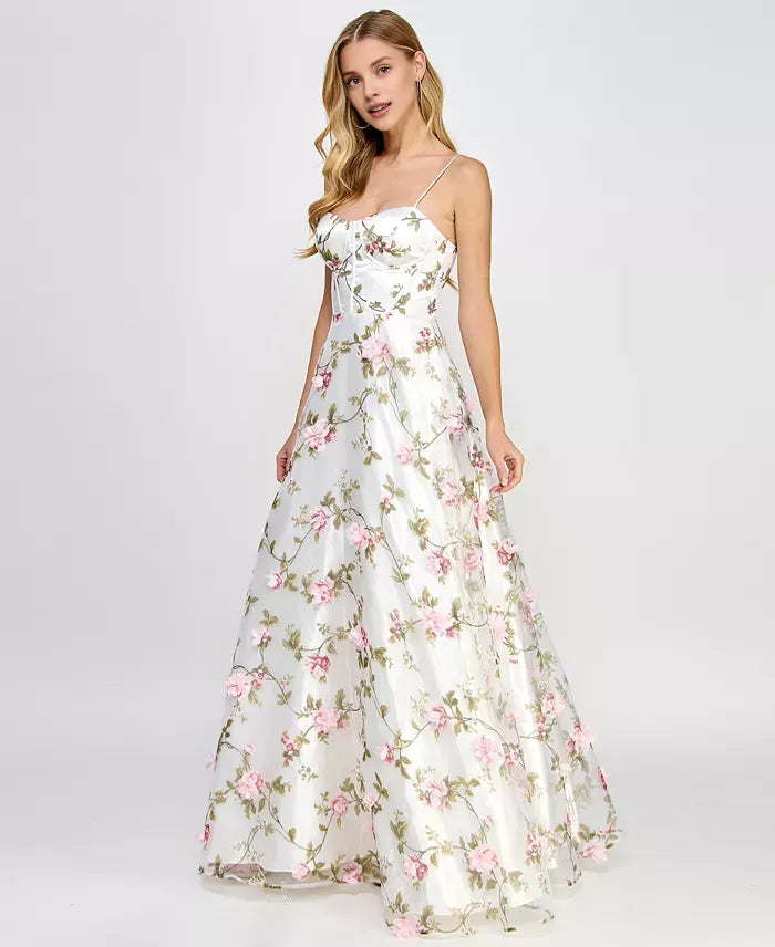 Romantic A-Line Sweetheart Sleeveless Flower Printed Floor-Length Prom Dress