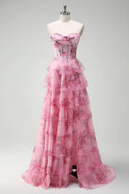Romantic A-Line Sweetheart Sleeveless Tiered Sweep/Brush Train Evening Dress