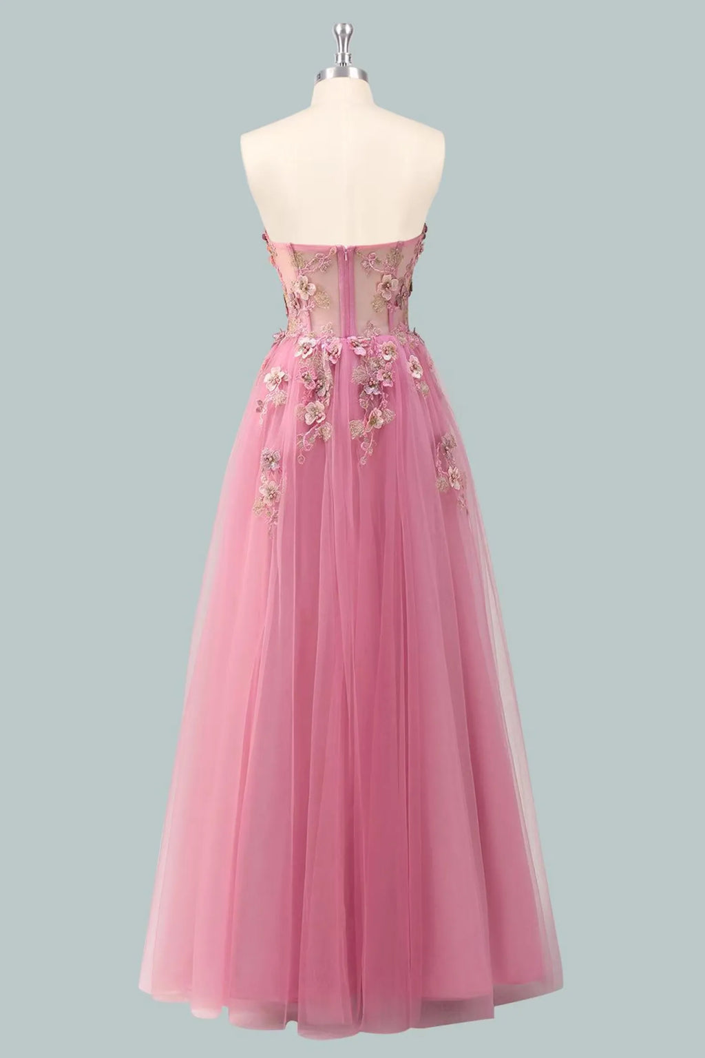 Romantic A-Line Sweetheart Strapless Floral-Appliqued Pink Floor-Length Prom Dress For Women Ready To Ship