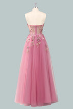 Romantic A-Line Sweetheart Strapless Floral-Appliqued Pink Floor-Length Prom Dress For Women Ready To Ship