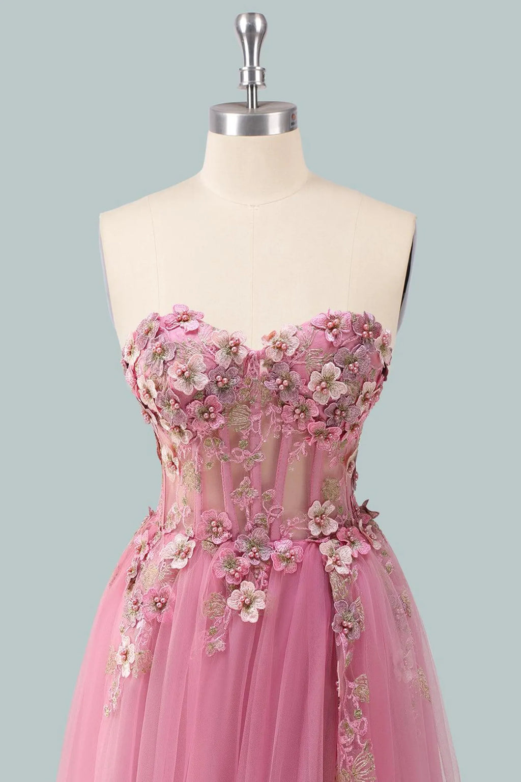 Romantic A-Line Sweetheart Strapless Floral-Appliqued Pink Floor-Length Prom Dress For Women Ready To Ship