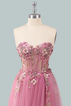 Romantic A-Line Sweetheart Strapless Floral-Appliqued Pink Floor-Length Prom Dress For Women Ready To Ship
