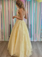 Romantic A Line Prom Dress With V Neck Corset Bodice And Lace Appliques Pale Yellow Tulle For Prom Goers
