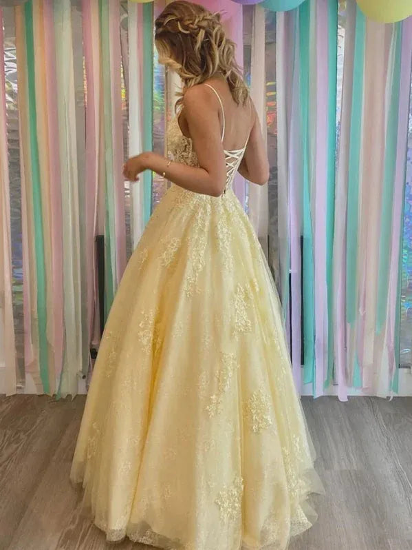 Romantic A Line Prom Dress With V Neck Corset Bodice And Lace Appliques Pale Yellow Tulle For Prom Goers
