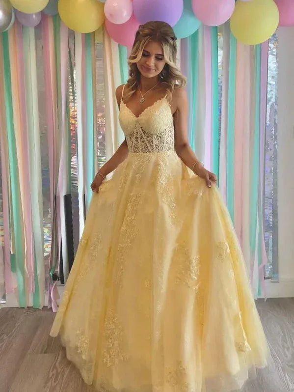 Romantic A Line Prom Dress With V Neck Corset Bodice And Lace Appliques Pale Yellow Tulle For Prom Goers