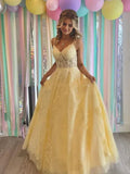 Romantic A Line Prom Dress With V Neck Corset Bodice And Lace Appliques Pale Yellow Tulle For Prom Goers