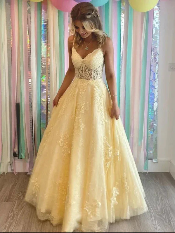 Romantic A Line Prom Dress With V Neck Corset Bodice And Lace Appliques Pale Yellow Tulle For Prom Goers