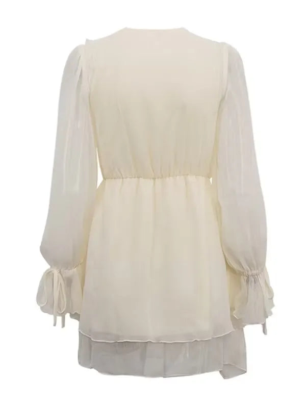 Ivory Romantic A-Line V-Neck Long Sleeves Ruffle Tie Mini Homecoming Dress