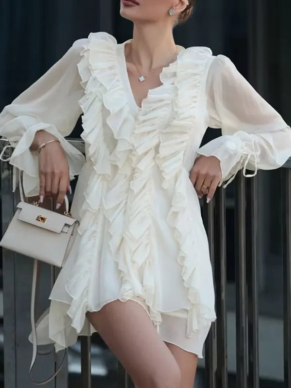 Ivory Romantic A-Line V-Neck Long Sleeves Ruffle Tie Mini Homecoming Dress