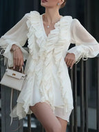 Ivory Romantic A-Line V-Neck Long Sleeves Ruffle Tie Mini Homecoming Dress